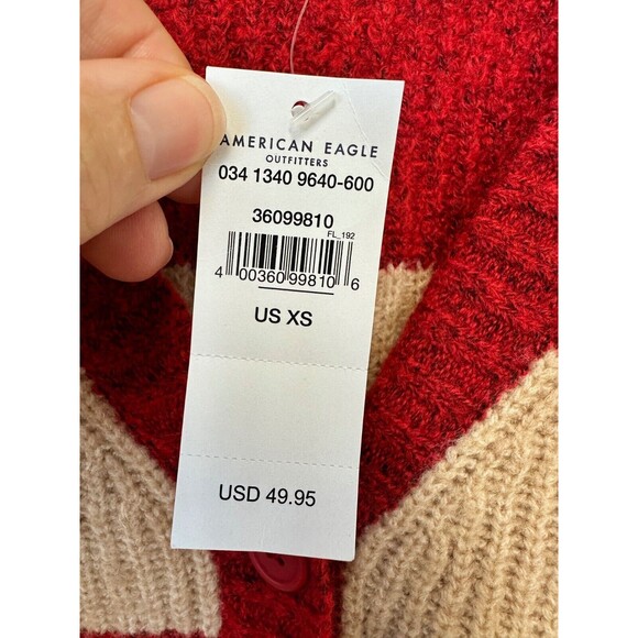 American Eagle Cardigan Womens XS Rugby Striped Cropped Red Tan Button Cozy - Picture 4 of 5